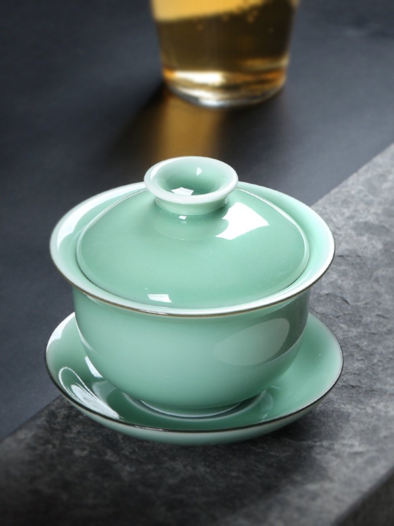 青瓷盖碗单个功夫茶碗带盖三才茶杯龙泉陶瓷家用纯手工泡茶具套装