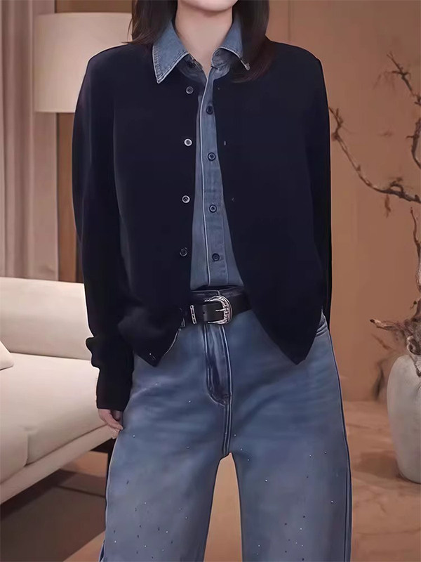 藏青色假两件牛仔拼接衬衫女春秋欧货通勤风长袖开衫外套休闲上衣