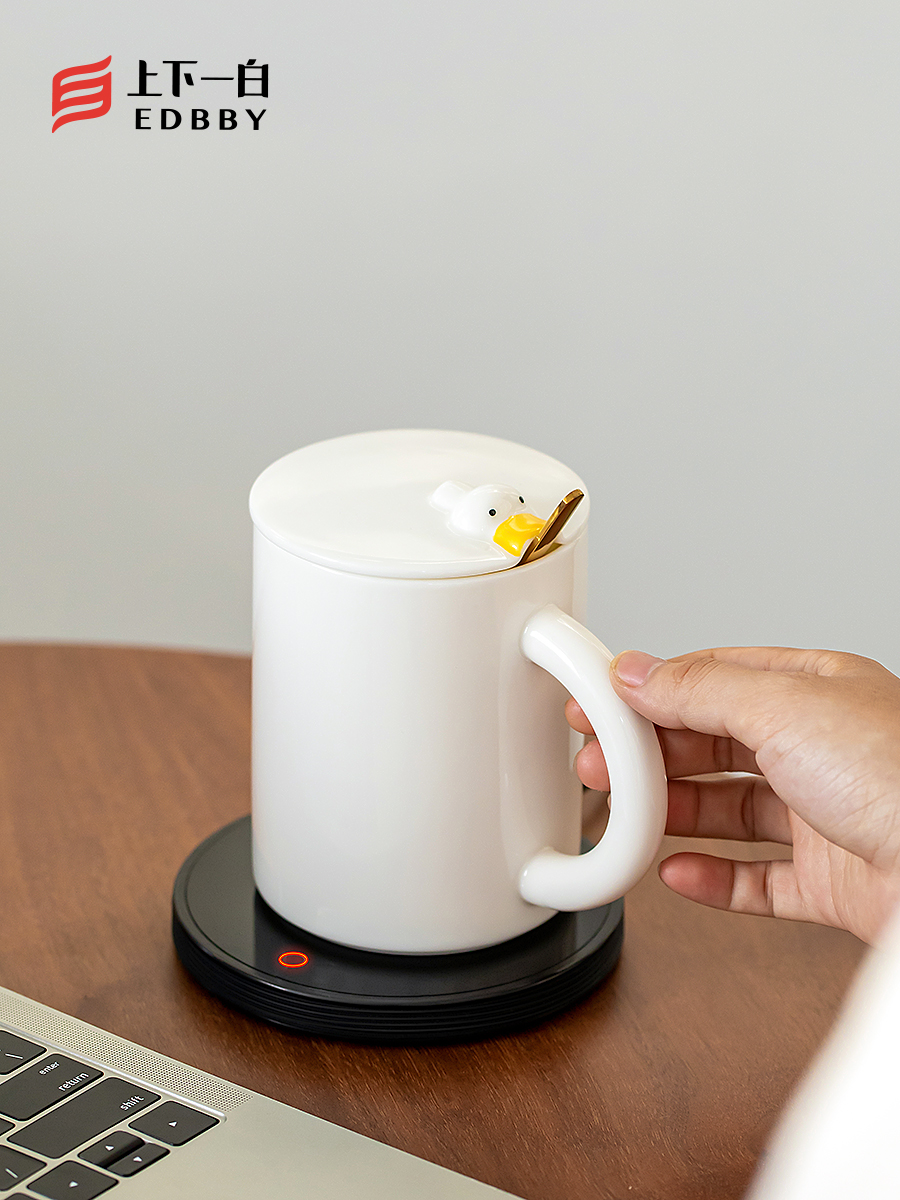 450ML带盖勺咖啡杯 55度暖暖杯 办公室情侣杯大容量恒温杯垫