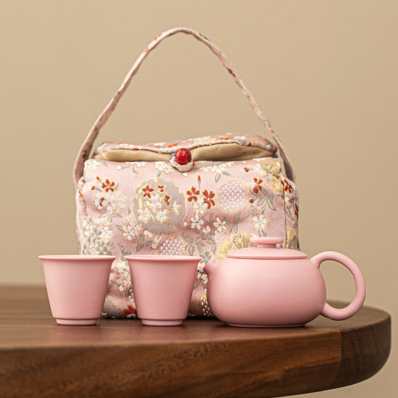 新款粉紫砂茶壶女士一壶两杯布包旅行茶具户外便携式功夫小套装,餐饮具,旅行茶具,淘宝优惠券,粉丝福利购,淘宝优惠卷