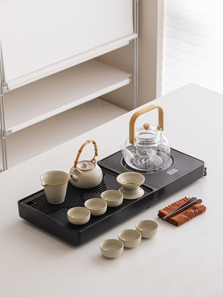 汝窑茶具套装玻璃烧水壶一体茶盘家用客厅泡茶功夫茶具茶台一整套