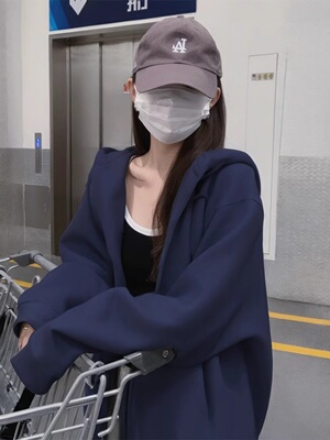 连帽卫衣拉链外套女开衫早春2025新款藏蓝色秋冬加绒加厚宽松上衣