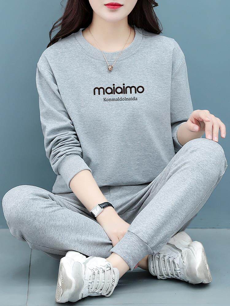 中年妈妈灰色卫衣卫裤运动套装女春季2026新款宽松大码束脚两件套