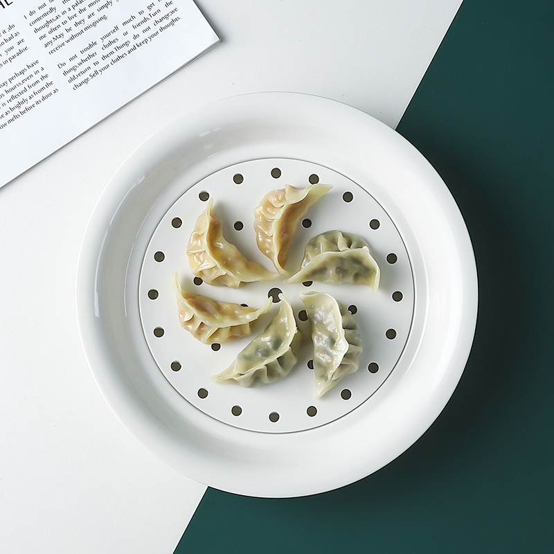 饺子盘沥水双层盘陶瓷大号水饺盘专用家用创意水果盘菜盘托盘蒸盘