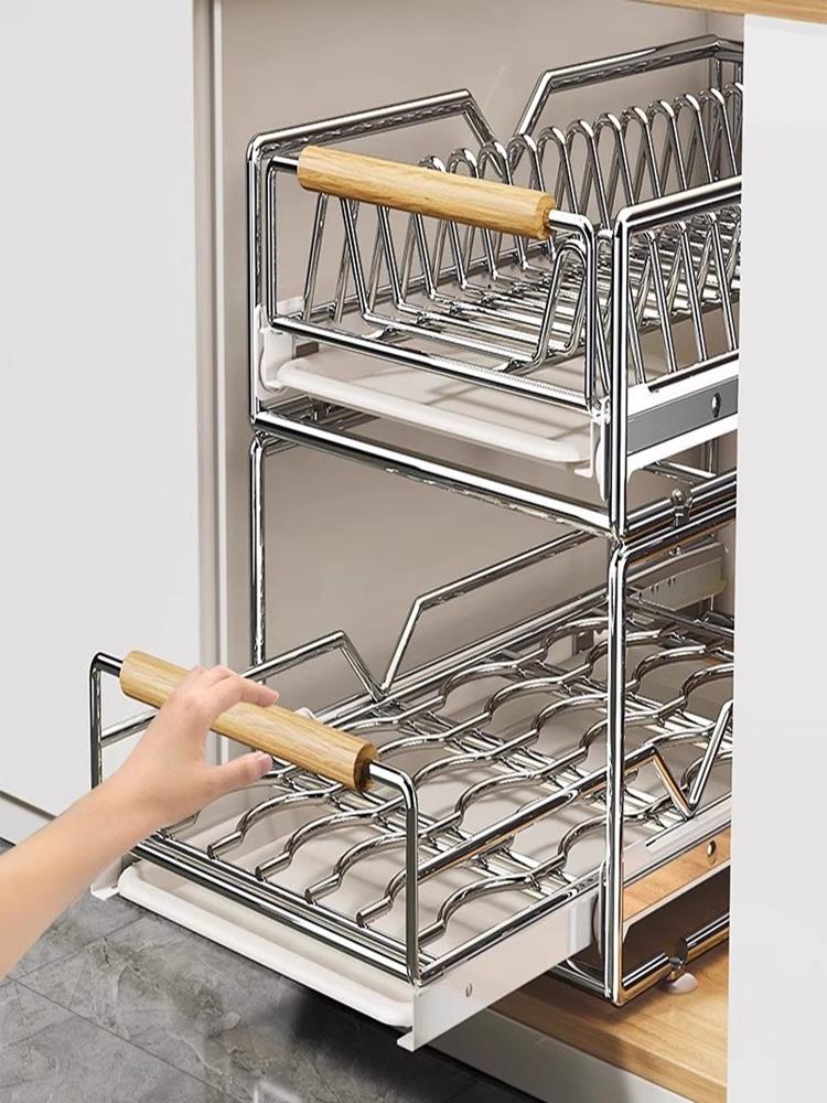 碗碟收纳架厨房橱柜内置物架抽屉式不锈钢拉篮抽拉碗柜沥水碗盘架