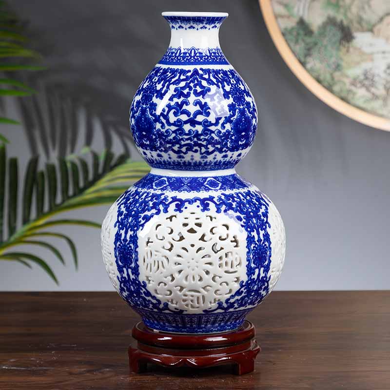 现代简约景德镇青花玲珑陶瓷摆件玄关酒柜客厅花瓶插花富贵竹养花