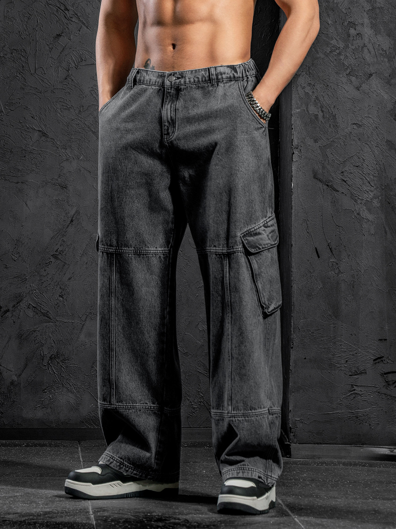 LUJIAMEN 봄 느슨한 캐주얼 작업복 스타일 바지 남성용 피트니스 스포츠 대형 워시 블랙 스트레이트 청바지