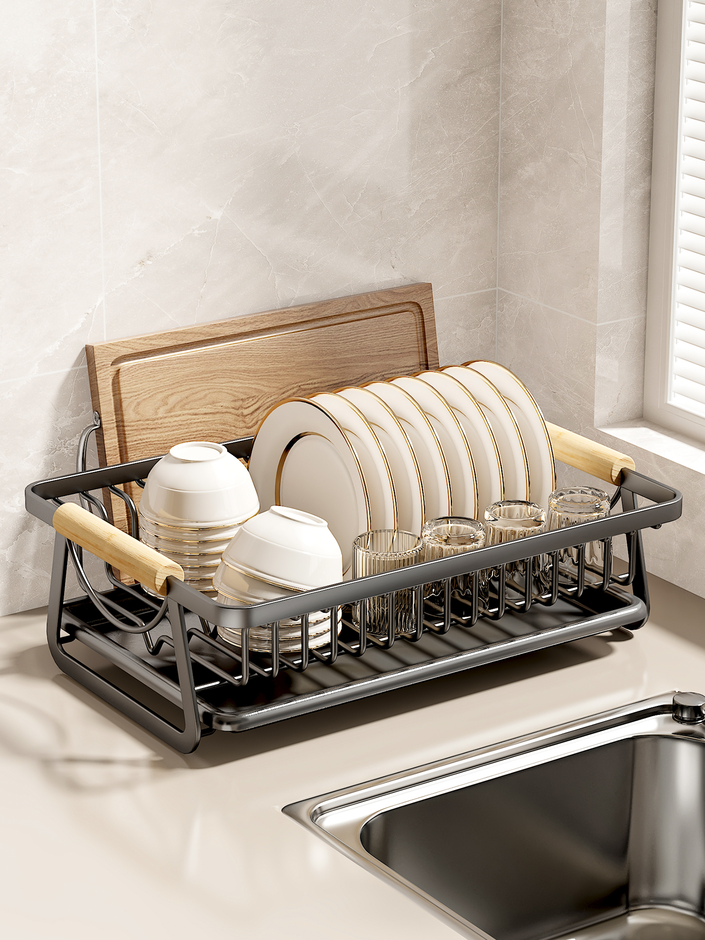 厨房碗盘沥水架碗架碗碟收纳架铁艺简易小型家用带沥水碗筷收纳盒