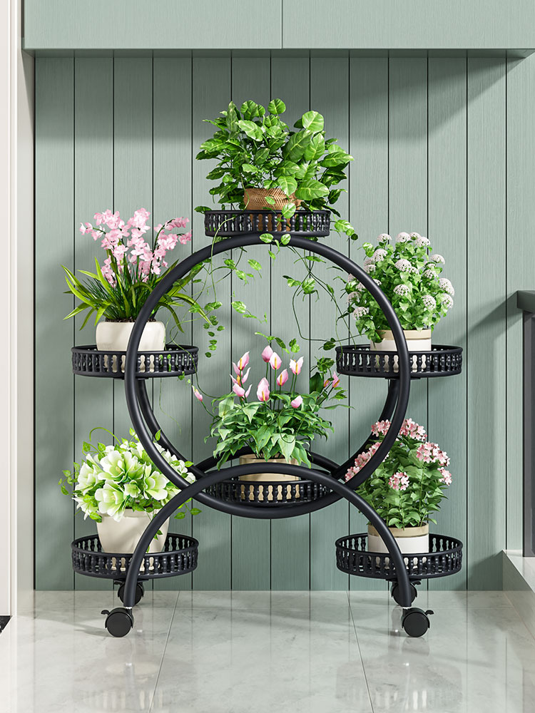 花架子客厅落地式阳台花架多层圆形带轮移动铁艺摆放置物架花盆架