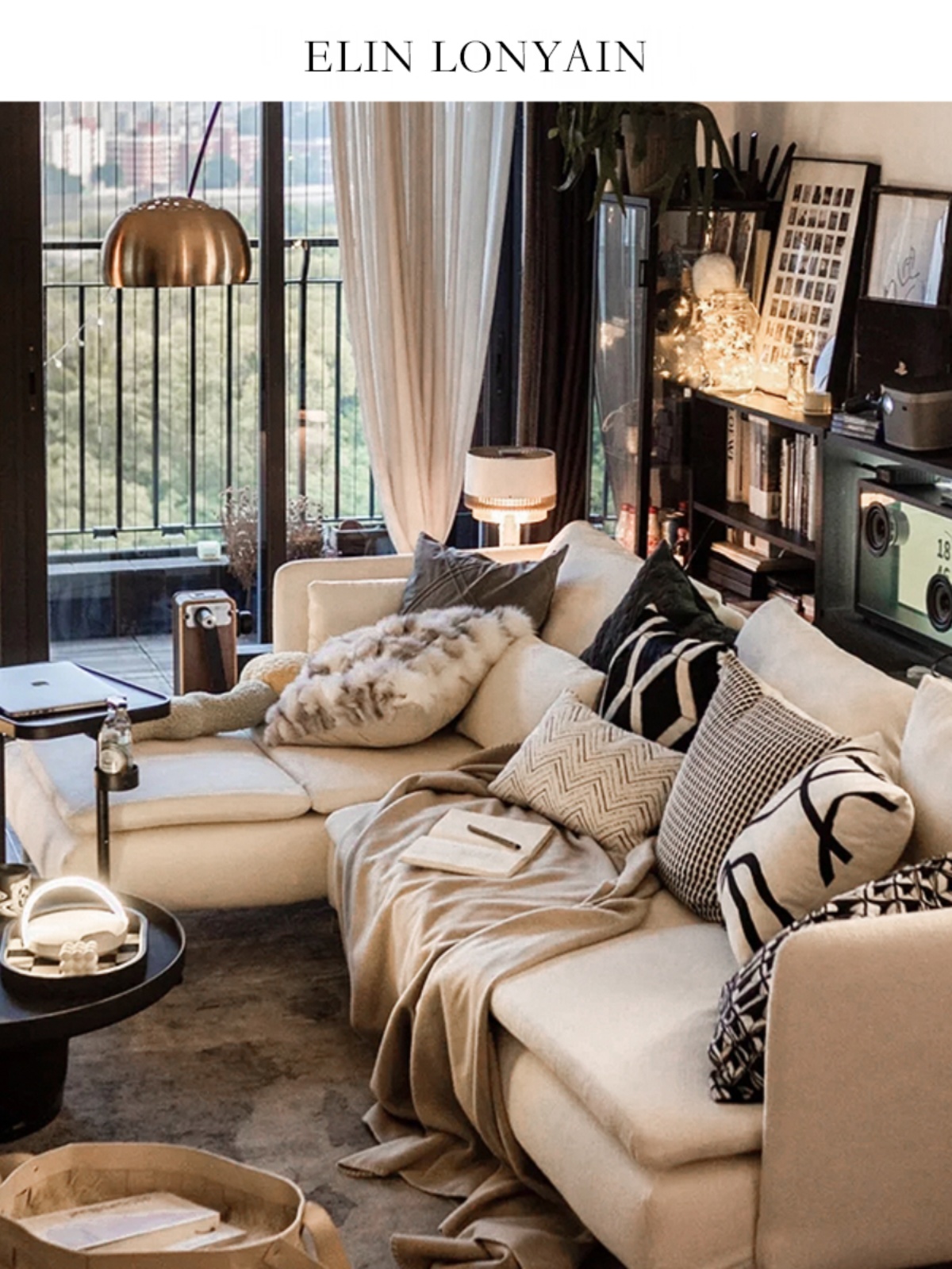 ELIN LONYAIN现代简约黑灰色系沙发样板房客厅皮质拼接皮草抱枕