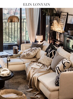 ELIN LONYAIN现代简约黑灰色系沙发样板房客厅皮质拼接皮草抱枕