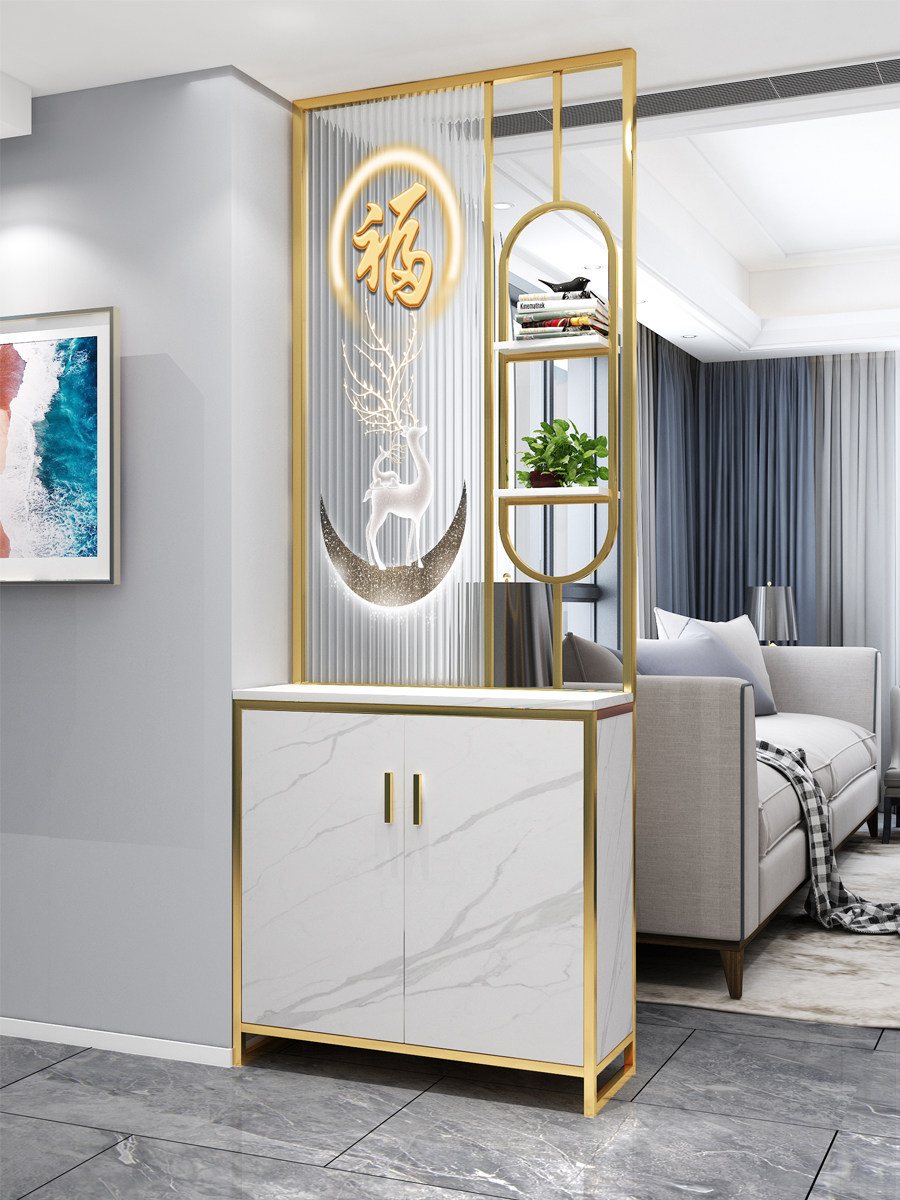 艺术玻璃屏风新中式轻奢现代简约客厅入户鞋柜铁艺卫生间洗漱隔断