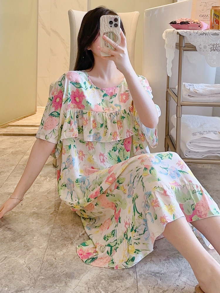 2025年新款防凸点绵绸睡裙女士夏季棉绸连衣裙睡衣宽松大码家居服