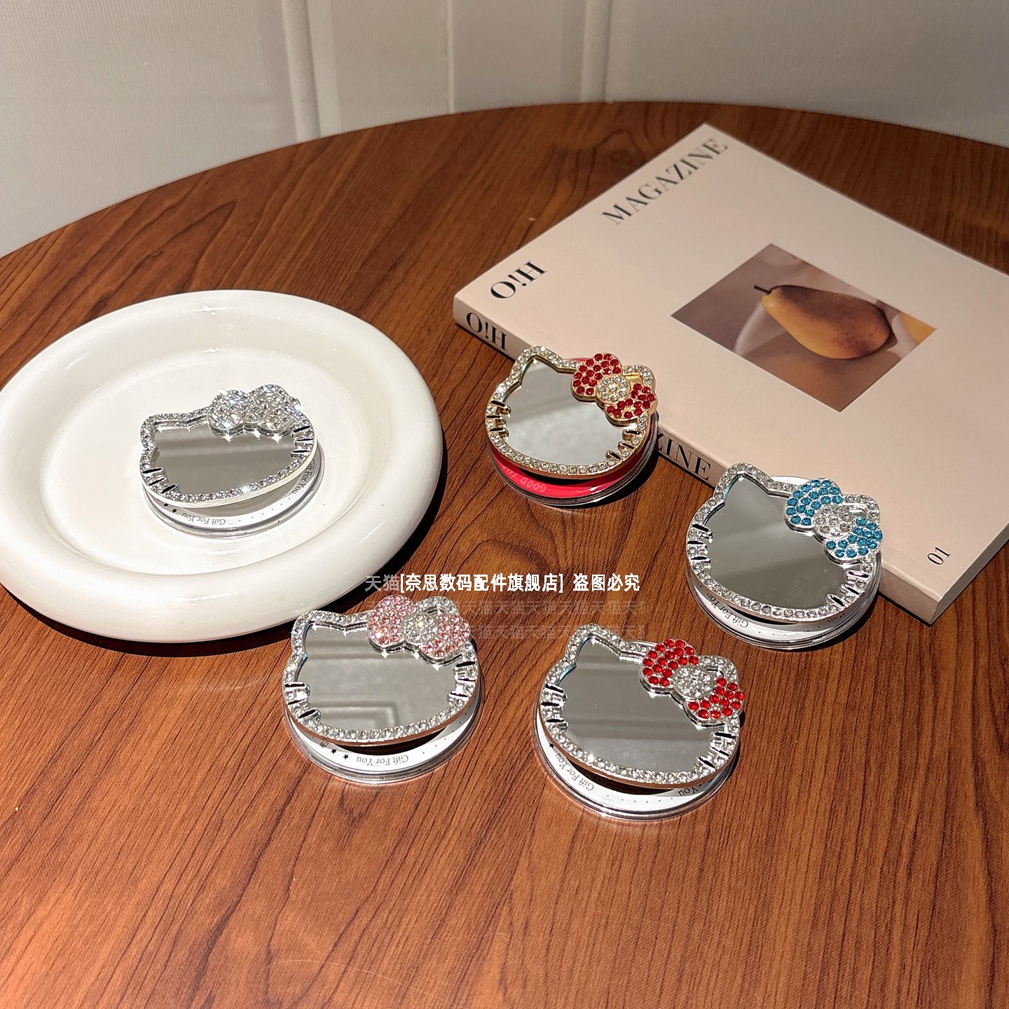 手工镶钻带镜子磁吸支架手机气囊闪钻猫咪高清补妆镜面可爱女背贴