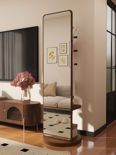 中古风落地镜子全身镜家用卧室靠墙挂衣架一体穿衣镜旋转2025新款
