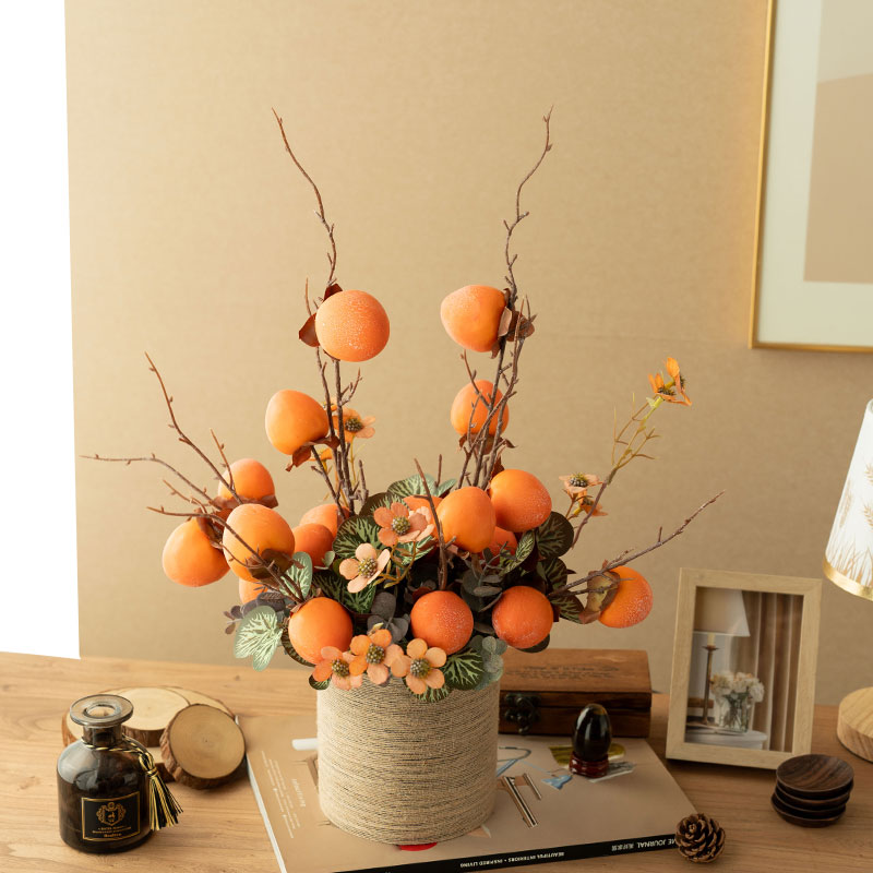 仿真柿子果枝假花客厅摆设装饰品插花干花束家居餐桌摆放花艺摆件