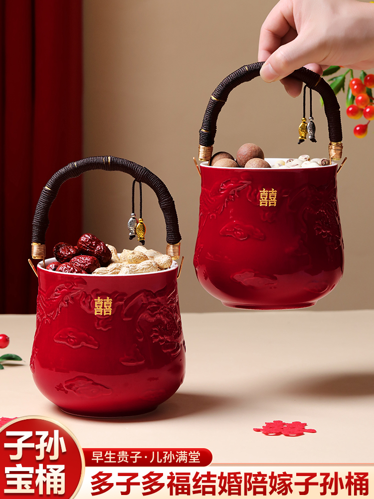 结婚子孙桶一对女方陪嫁妆用品大全娘家婚庆红色喜桶宝桶装饰摆件