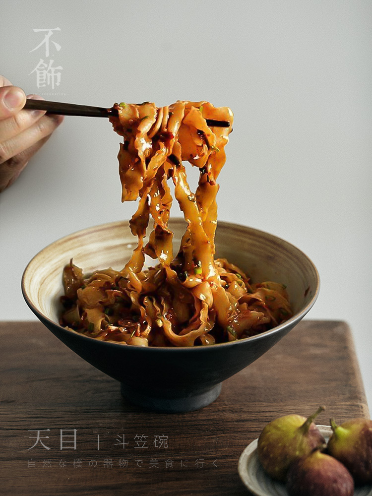 不饰 深夜食堂同款日式黑色汤粉拉面碗大号手工粗陶红烧肉斗笠碗