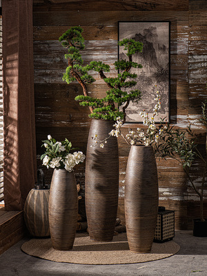 景德镇落地大号花瓶手工螺纹雕刻粗陶罐客厅酒店民宿复古装饰摆件