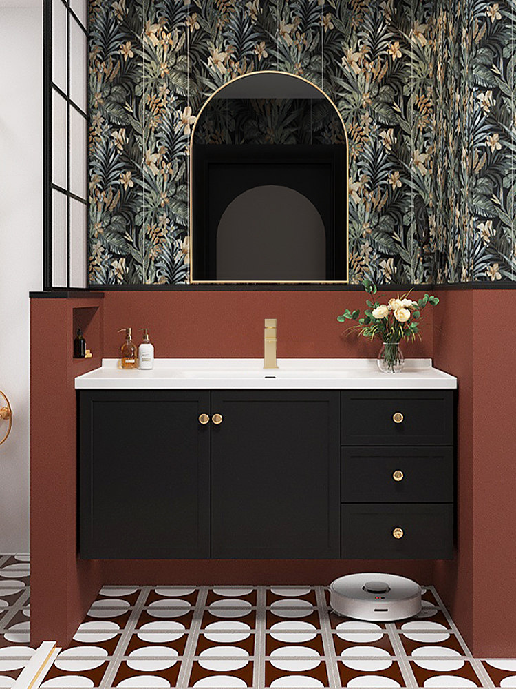 法式黑复古浴室柜陶瓷一体盆洗漱台橡木洗手台卫生间洗脸盆柜组合