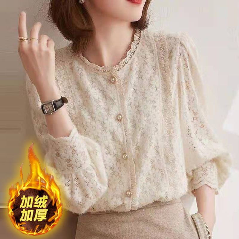 秋冬打底内搭加绒加厚新款衫女时尚蕾丝小衫衬衫洋气显瘦百0929kz