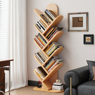 实木树形书架落地置物架一体靠墙角落小书架客厅转角省空间窄柜子