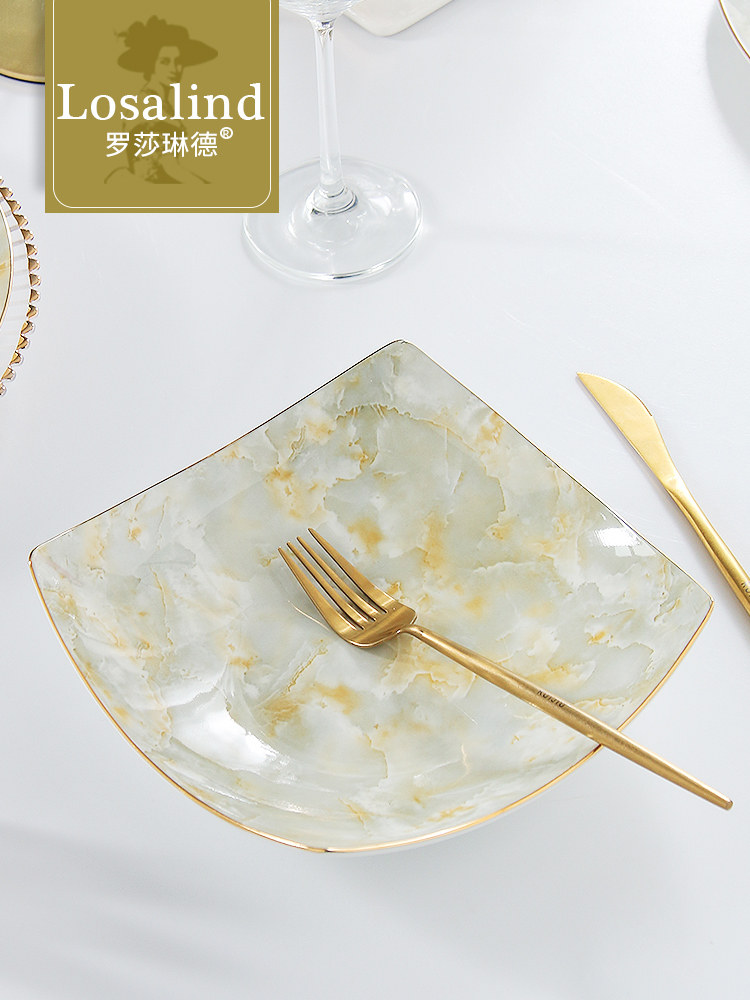 家用轻奢骨瓷四方形盘子菜盘8英寸金边深汤盘陶瓷翘脚盘菜盘套装,餐饮具,盘,淘宝优惠券,粉丝福利购,淘宝优惠卷