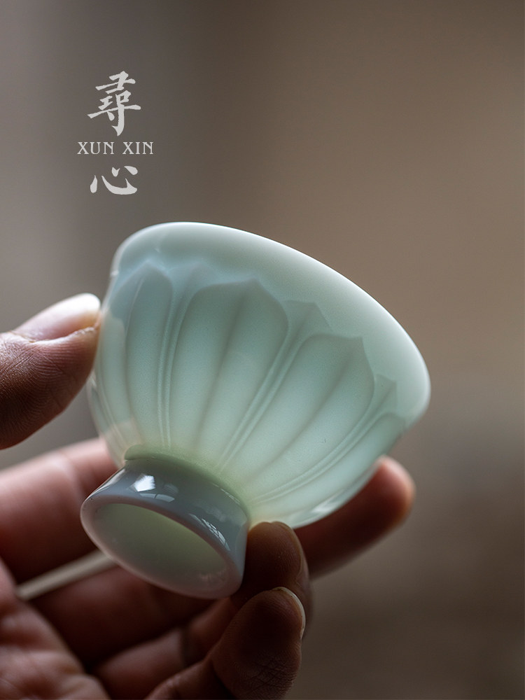 湖田窑影青高足杯手工浮雕莲瓣主人杯家用个人专用茶杯陶瓷品茗杯,餐饮具,茶杯,淘宝优惠券,粉丝福利购,淘宝优惠卷