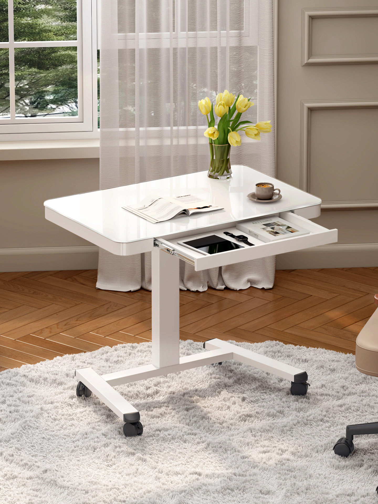 Koble气动升降桌玻璃小书桌家用小型电脑桌沙发边桌可移动小桌子