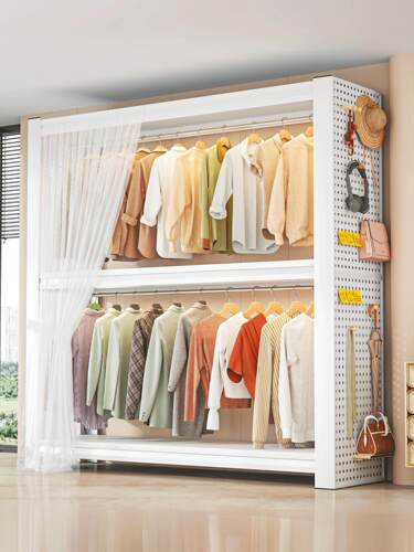 双层落地挂衣架家用开放式衣柜儿童衣帽架组装衣服置物架角钢货架