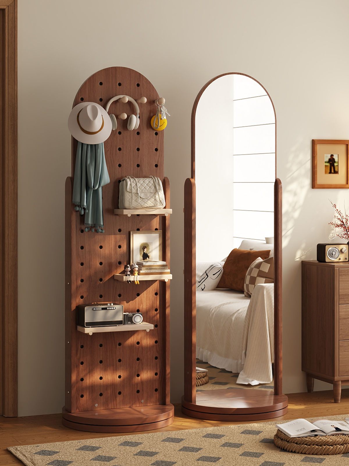 洞洞板穿衣镜挂衣架一体镜子家用旋转全身镜衣帽架卧室落地试衣镜