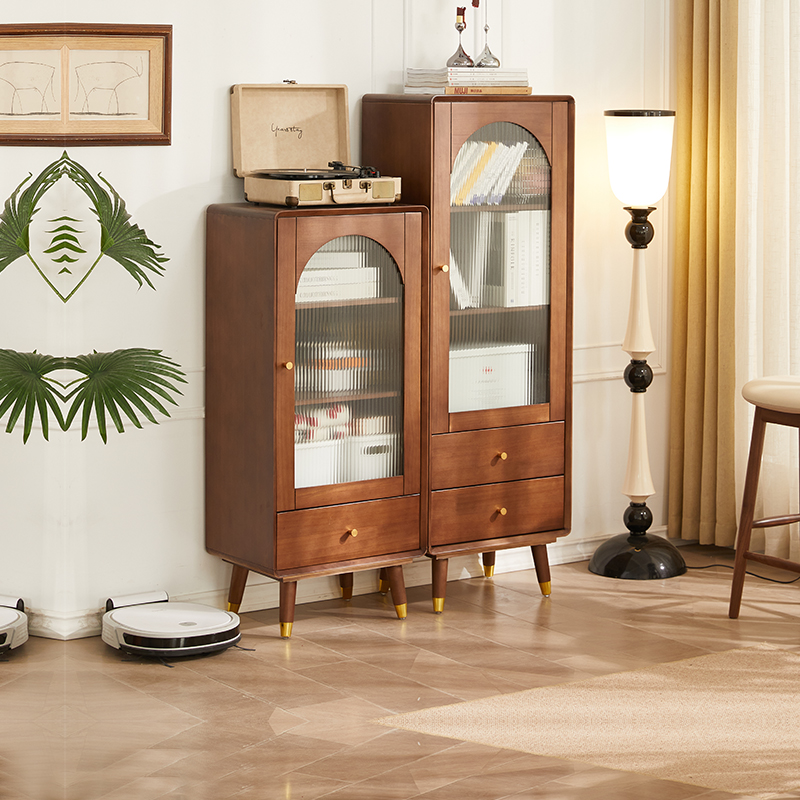 实木收纳柜储物柜客厅现代玻璃门酒柜展示柜胡桃色靠墙电视边柜子