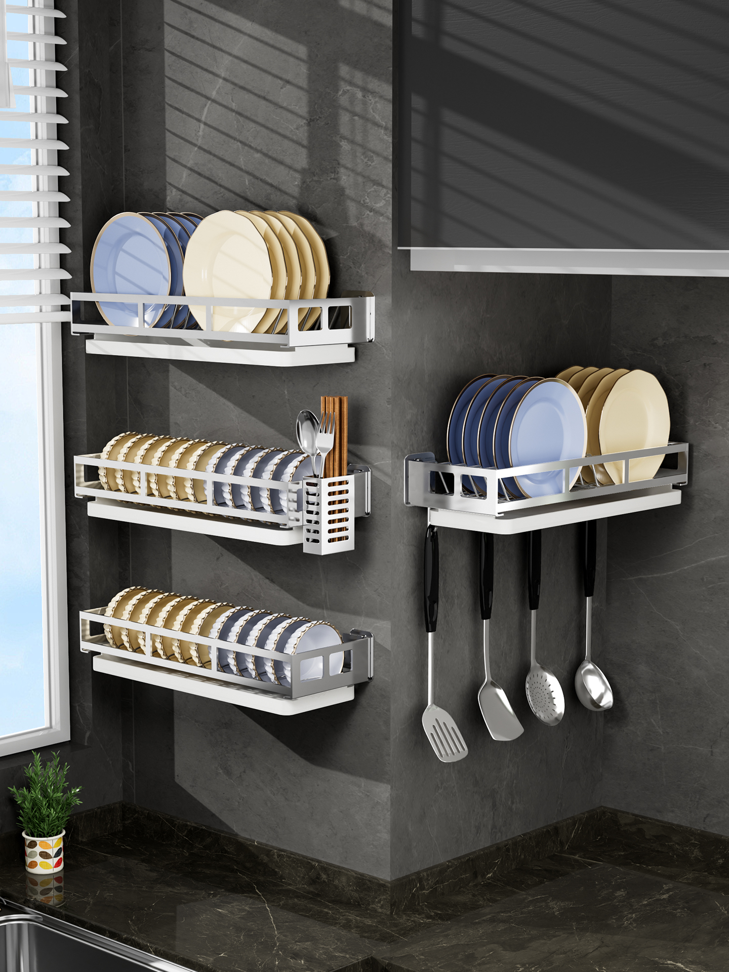 304不锈钢厨房置物架免打孔壁挂式水槽上碗盘碗碟收纳架沥水碗架