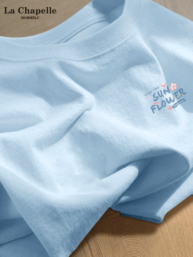 拉夏贝尔蓝色短袖t恤女夏季2024新款纯棉半袖体恤小个子内搭上衣J