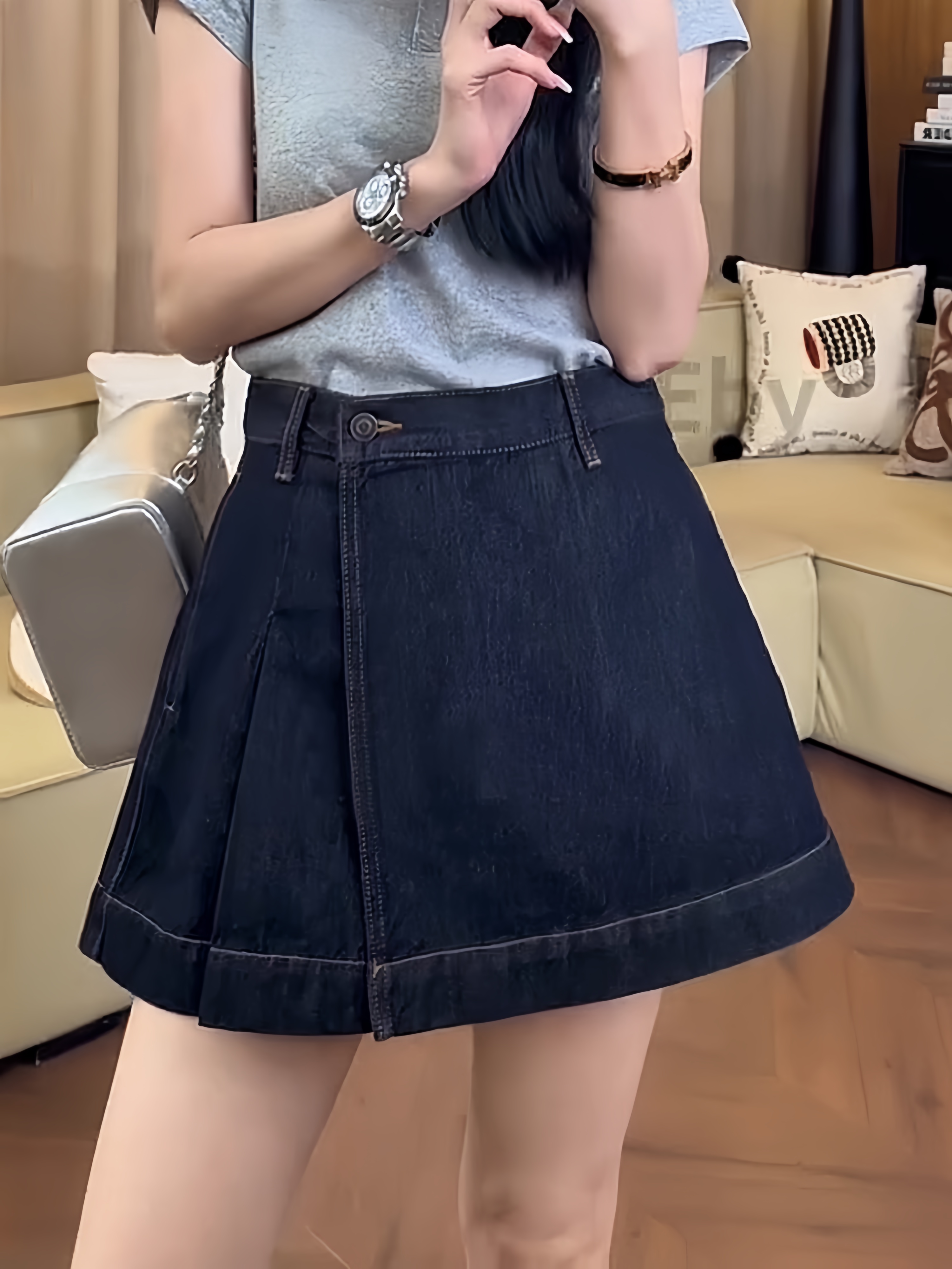 大码2025年夏季设计感高腰压褶牛仔裙裤女胖mm遮肚显瘦a字半身裙