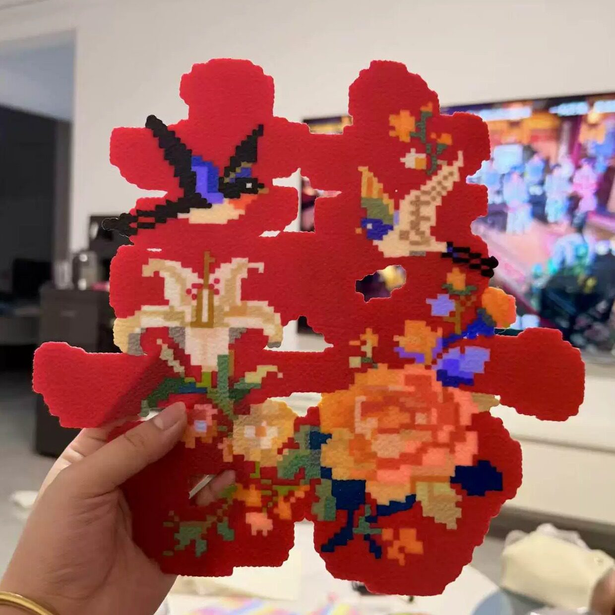中式花囍字拼豆DIY成品百合牡丹燕鸟子图案婚礼纪念摆件新婚礼物