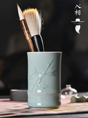 入相文房四宝竹节笔筒文房摆件毛笔收纳笔筒瓷器节节高汝窑弟梅弟