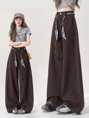 美式复古阔腿裤女2025秋季新款丝腰带百搭直筒休闲拖地长裤子潮