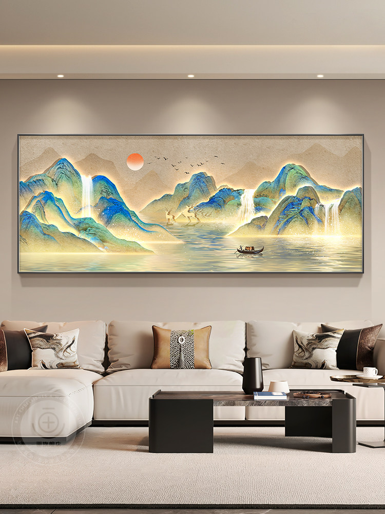 千里江山画客厅装饰画新中国风山水画大气旗帜靠背沙发背景墙挂画