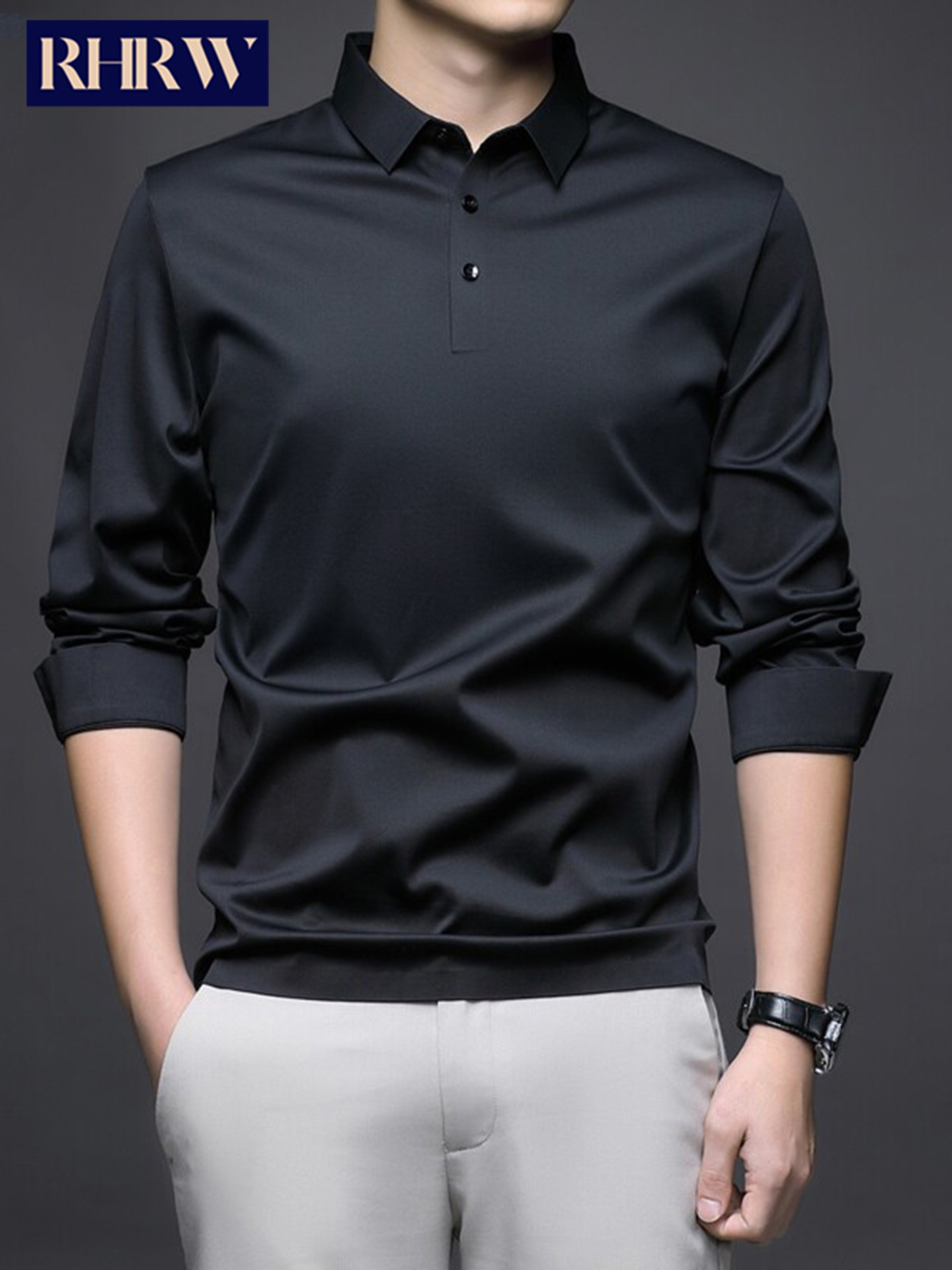RHRW冰丝无痕长袖t恤男2026年春夏季新款纯色商务休闲翻领POLO衫