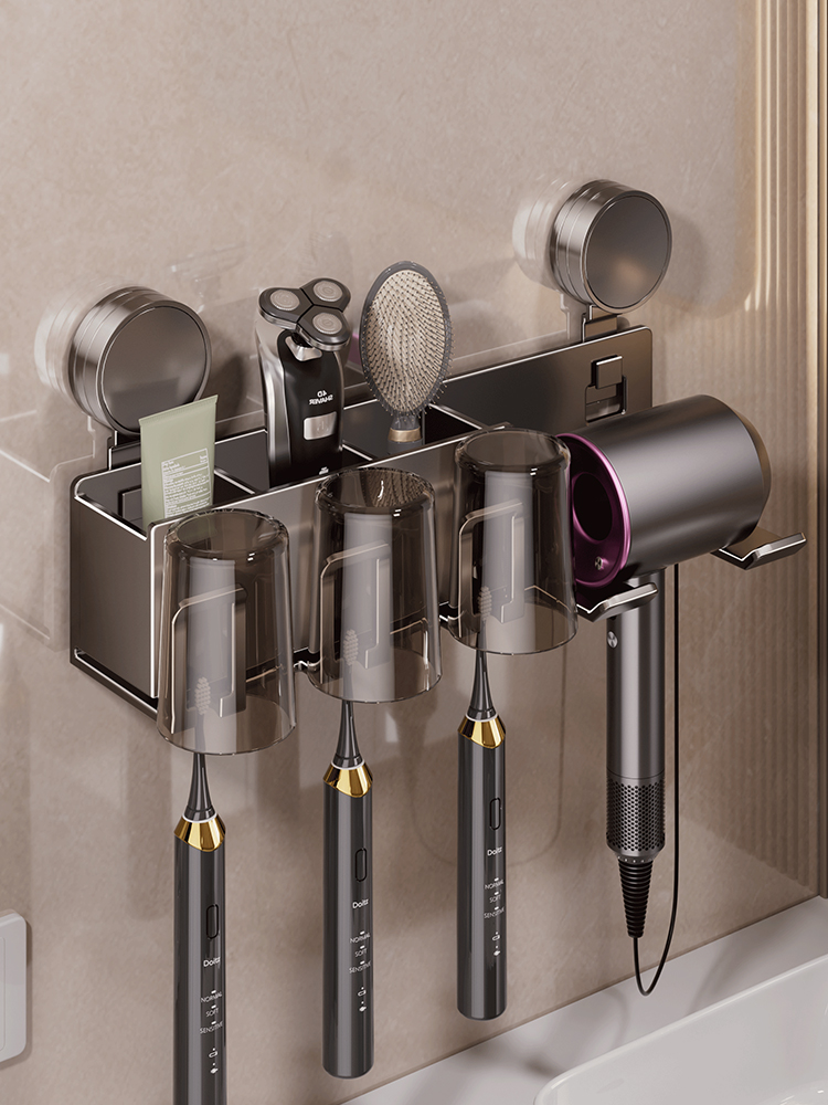 吸盘牙刷置物架免打孔漱口杯刷牙杯卫生间壁挂式家庭电动牙膏架子