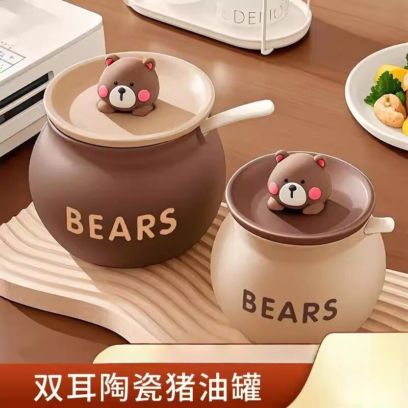 耐高温双耳陶瓷猪油罐家用带盖带滤网装荤油坛调味油专用的储油罐
