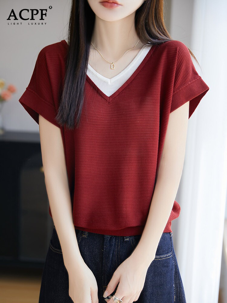 假两件V领短袖针织衫T恤女2026新款夏季薄款拼色宽松休闲百搭上衣