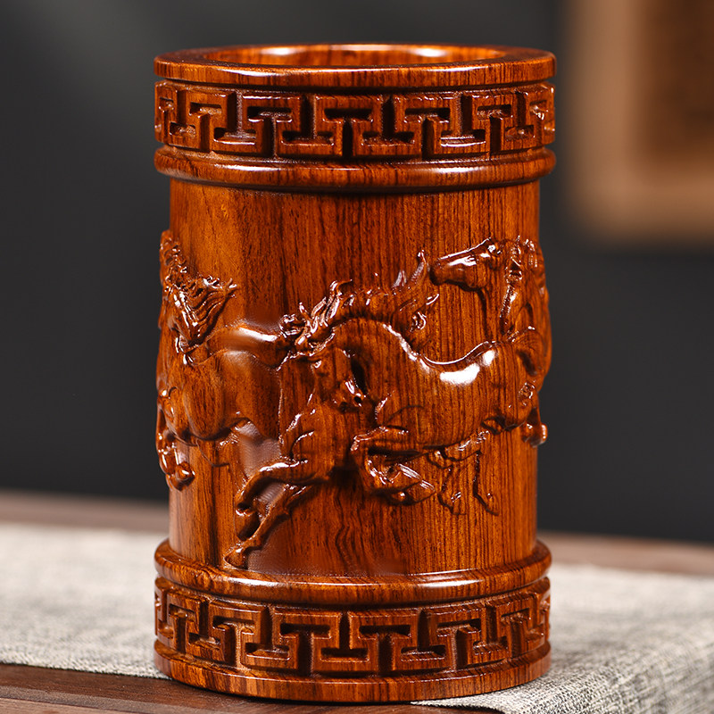 实木笔筒摆件花梨木雕刻马到成功笔筒工艺礼品纯木制教师节送礼物
