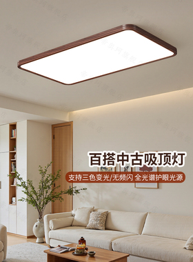 客厅吸顶灯胡桃木色中古风现代简约无缝超薄木纹极简大厅卧室灯具