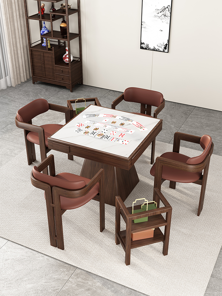 胡桃木掼蛋专用桌实木八仙桌四方桌餐桌新中式岩板棋牌桌椅组合