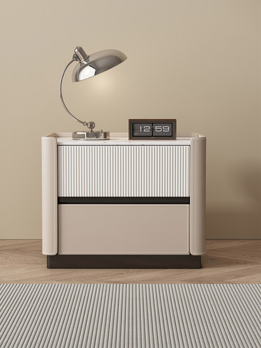 宾贡马鞍皮床头柜现代简约意式轻奢岩板整装高级感实木小型储物柜