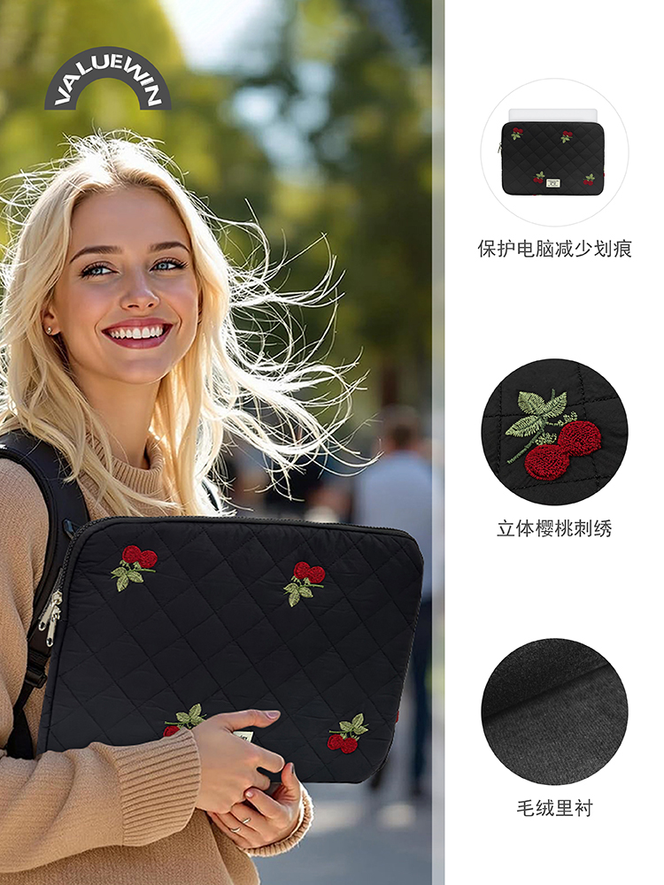VALUEWIN平板电脑内胆包适用于11英寸ipad13.3/14.2/16英寸MacBook Air Pro刺绣樱桃款女士笔记本电脑包