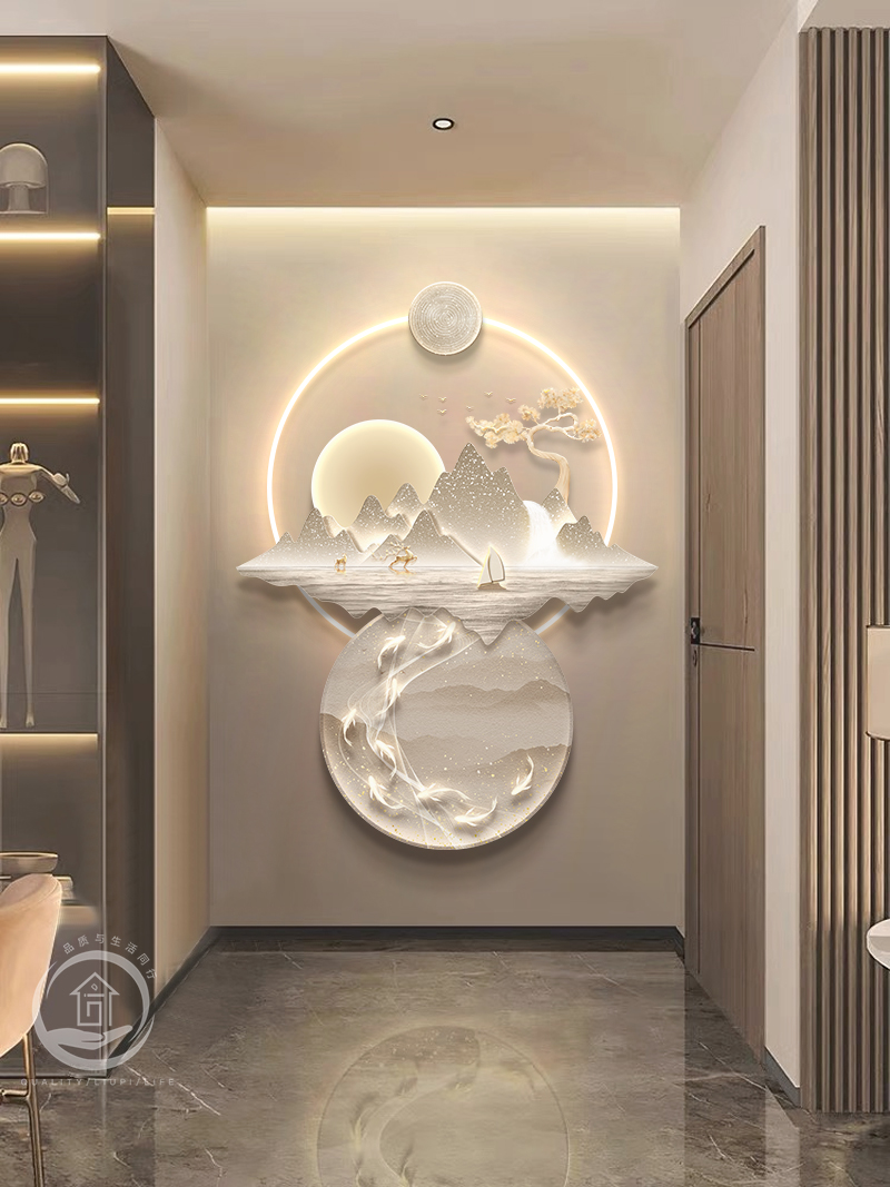 轻奢九鱼图玄关装饰画入户门背靠金山过道挂画走廊尽头高级感灯画