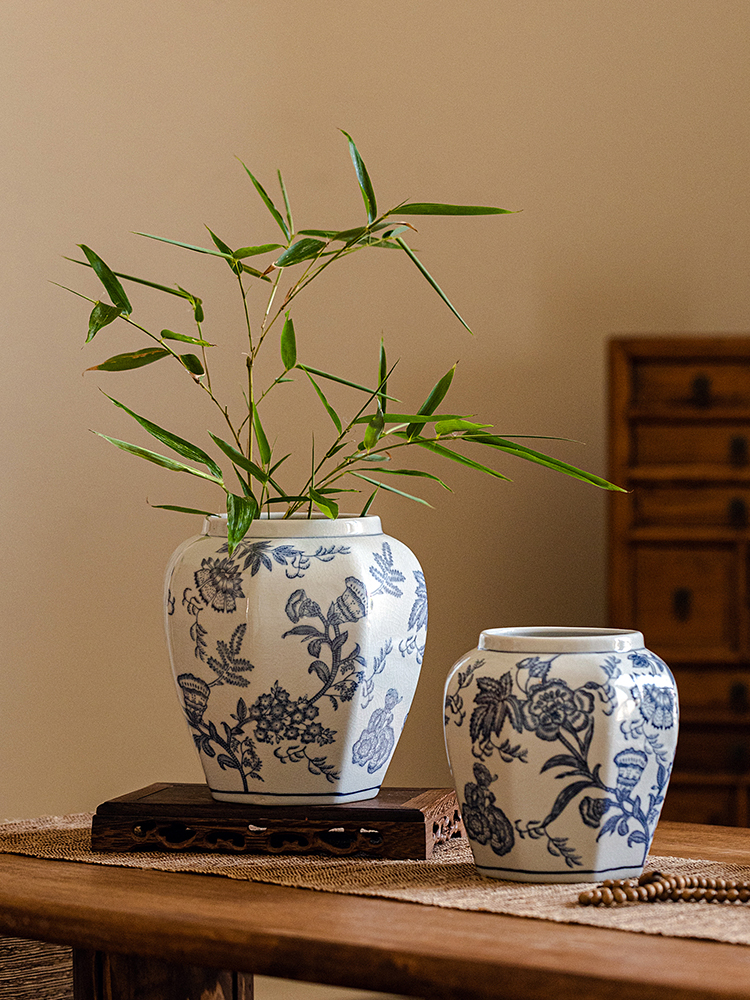 八角将军罐陶瓷器摆件客厅家居饰品仿古中式装饰景德镇青花瓷花瓶